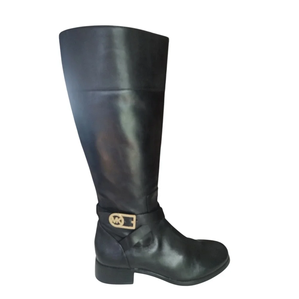 Michael Kors Bryce Black Leather Knee High Tall Riding Boots MK Logo Buckle 9
